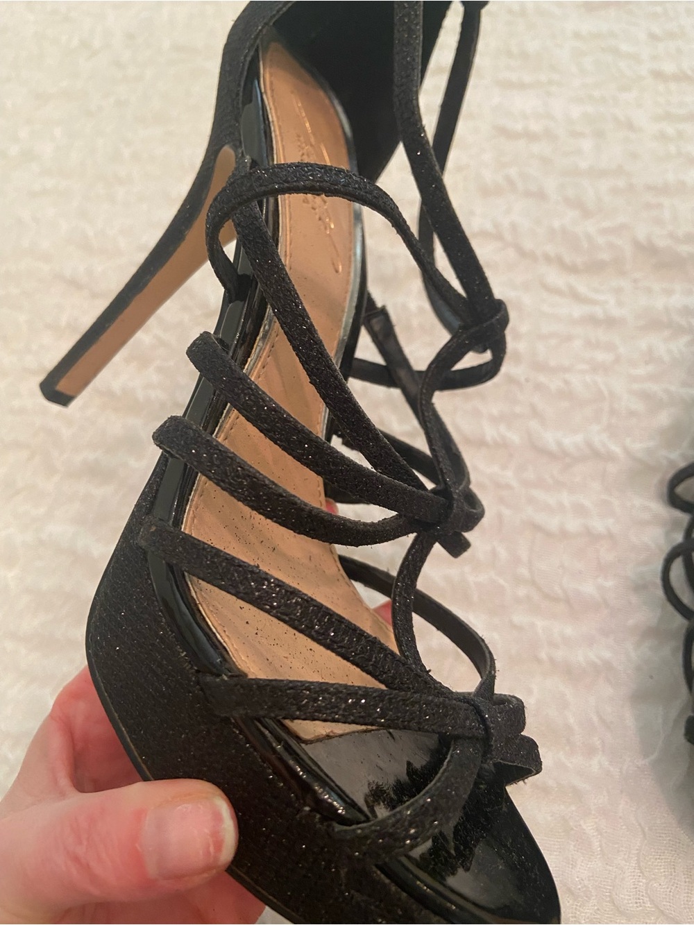 BADGLEY MISCHKA JEWEL BLACK GLITTER STRAPPY PLATFORM HEEL SIZE 7 - Picture 7 of 7